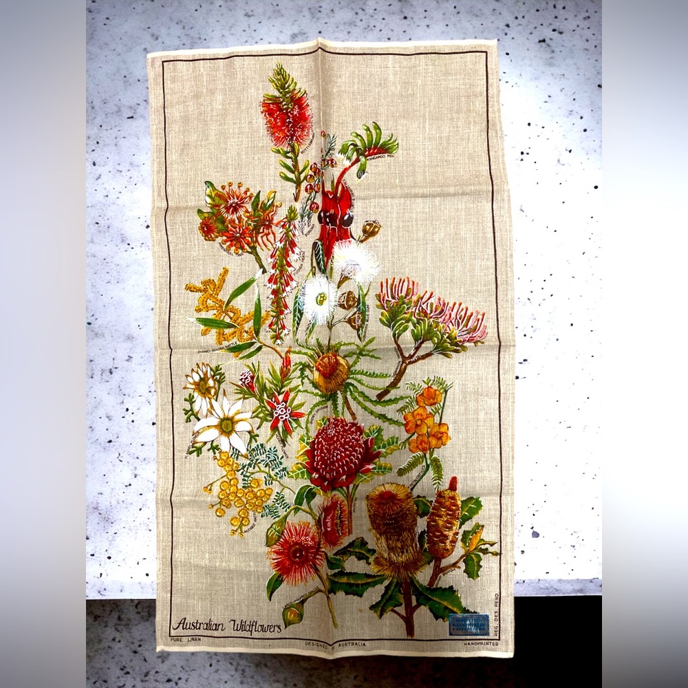 “Australian Wildflowers” Kitchen Tea Dish Towel ~Pure Linen, HandPrinted EUC